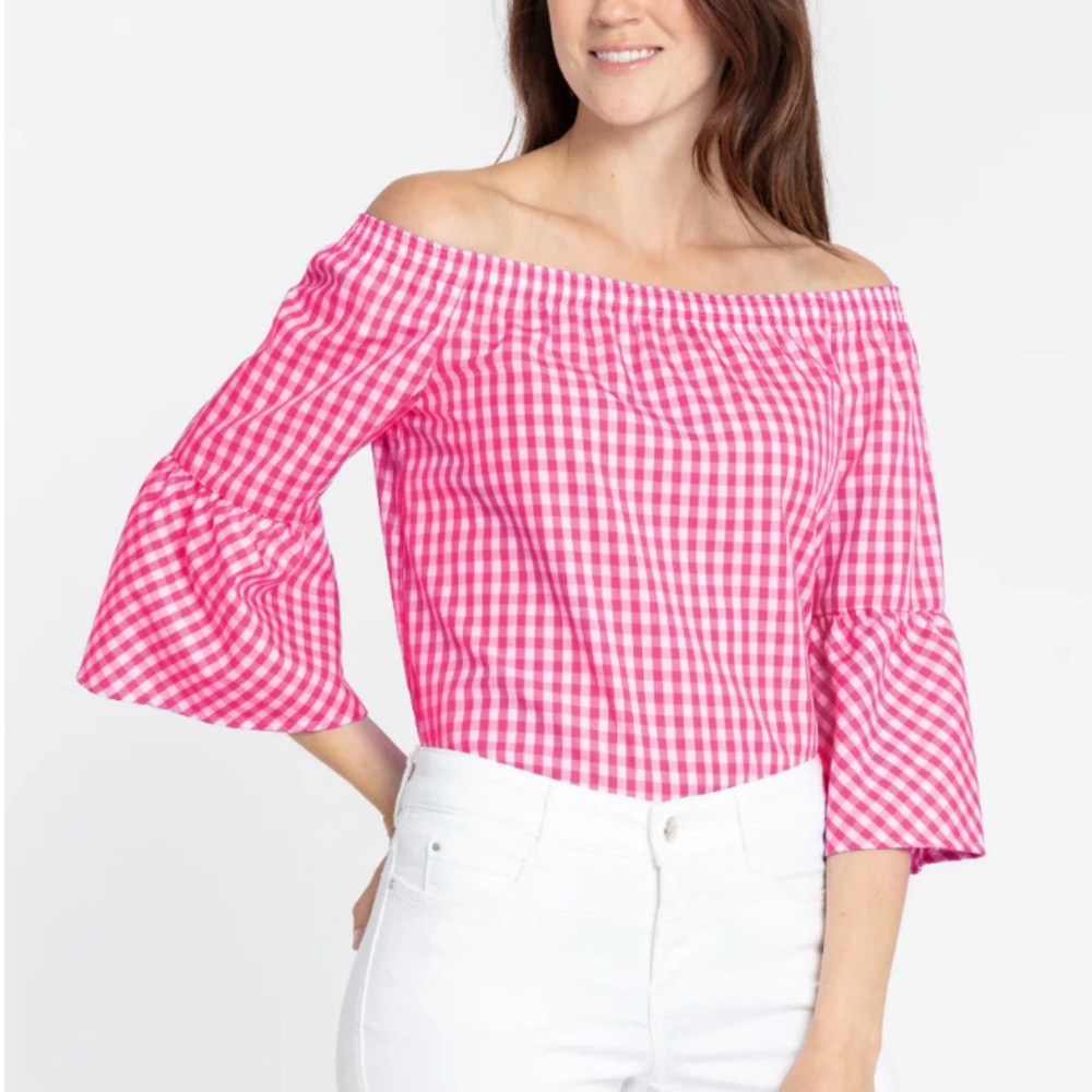 Chic Pink Gingham Off-Shoulder Blouse